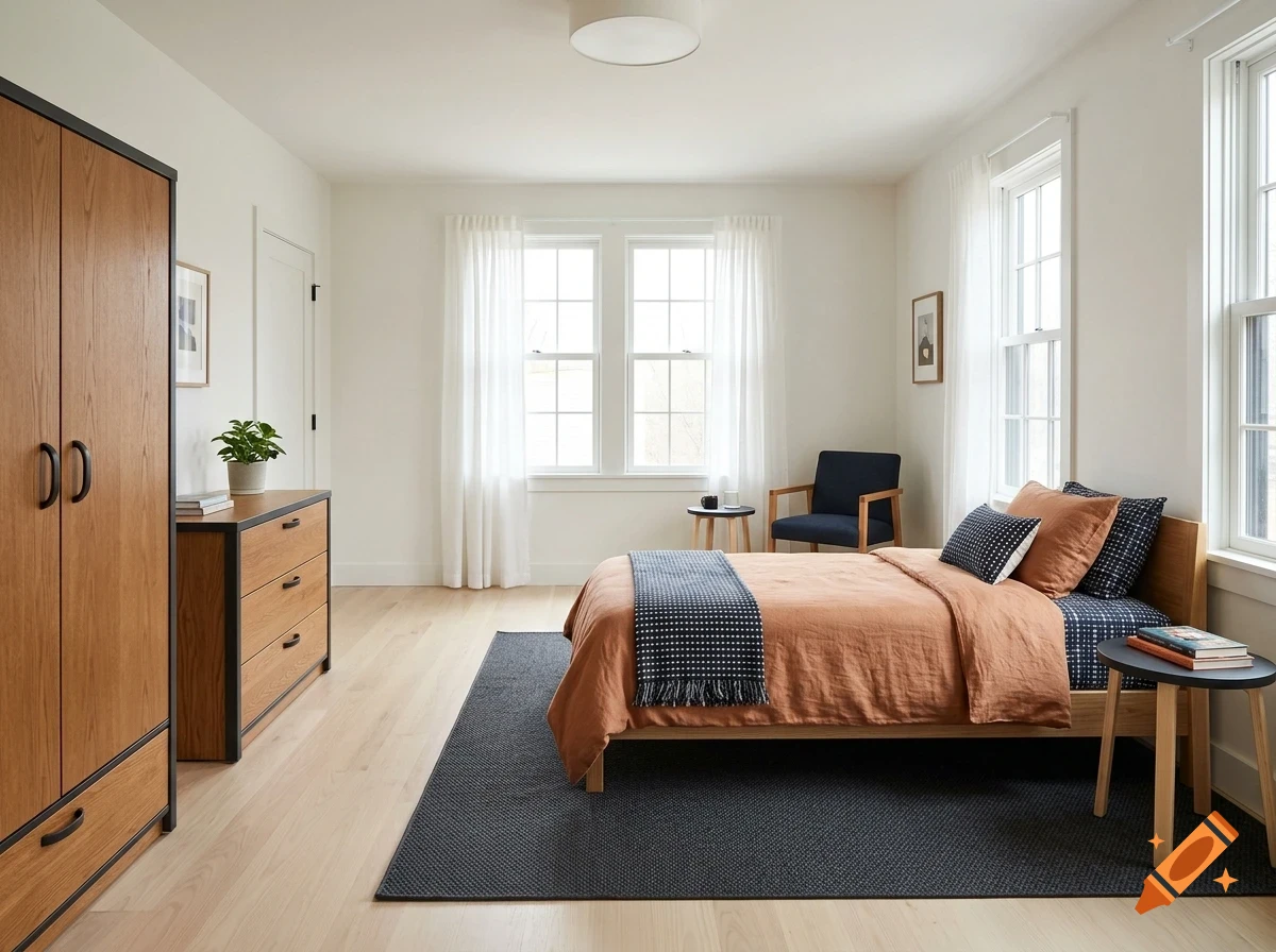 A brightly lit modern bedroom featuring a wooden bed with rust-colored bedding, a large wooden wardrobe, a matching dresser, and a dark rug on a light wood floor.