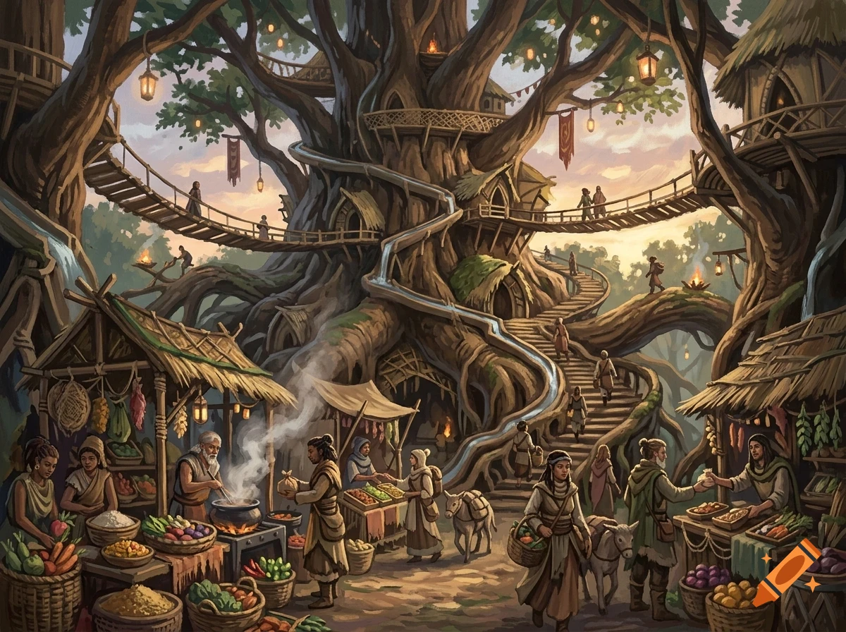 A bustling fantasy tree village marketplace with people, stalls selling goods, and massive trees connected by bridges and walkways.