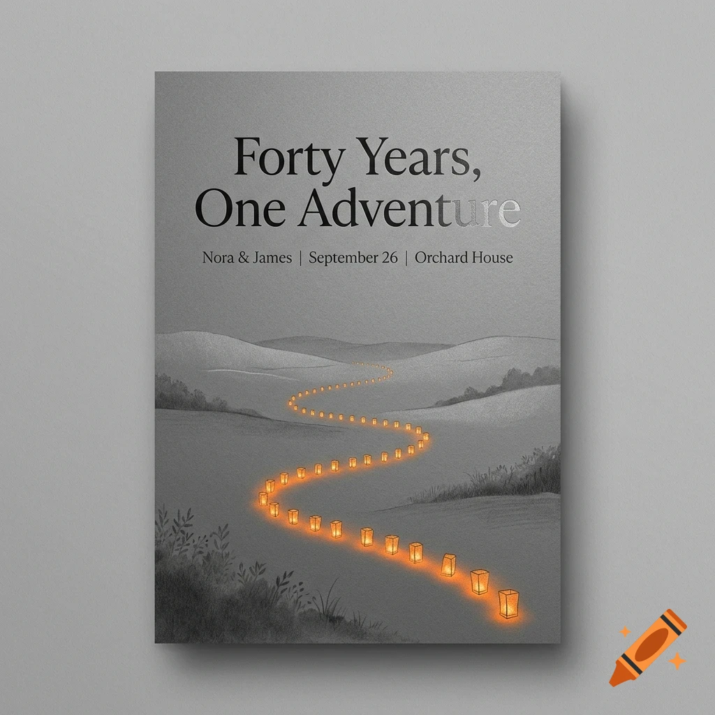 An invitation card featuring a winding path illuminated by glowing lanterns through a moody, illustrated landscape with hills, and the text Forty Years, One Adventure.