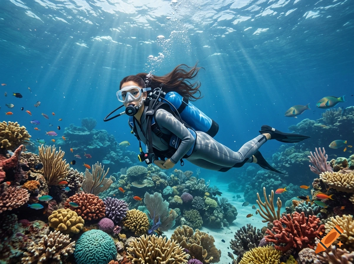 Photorealistic image of a woman scuba diving on a vibrant coral reef surrounded by colorful fish.