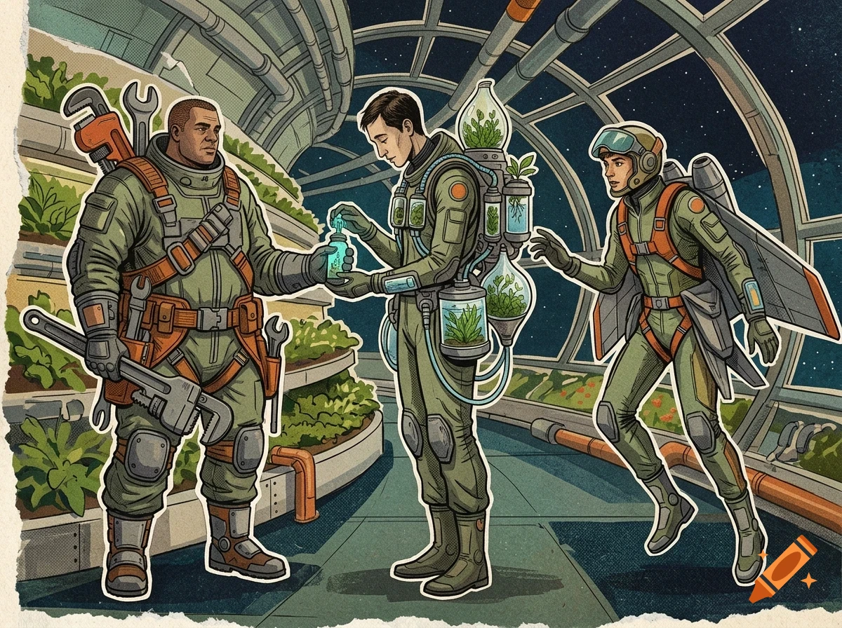 Three astronauts in green jumpsuits inside a futuristic space greenhouse, one holding a wrench, another handling small plant containers, and the third wearing a jetpack.
