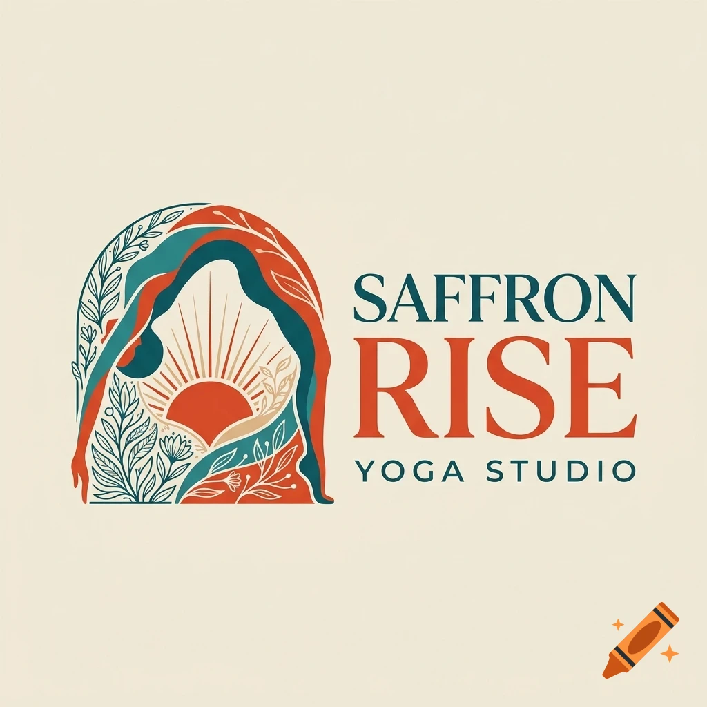 A logo for Saffron Rise Yoga Studio featuring an arch graphic with floral, sun, and abstract elements next to text.