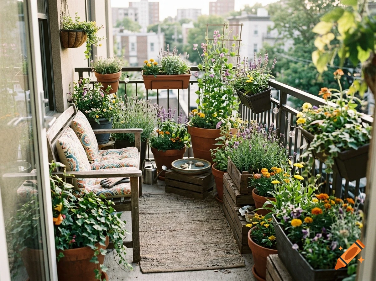 An apartment balcony filled with potted plants, flowers, and a small wooden bench with patterned cushions.