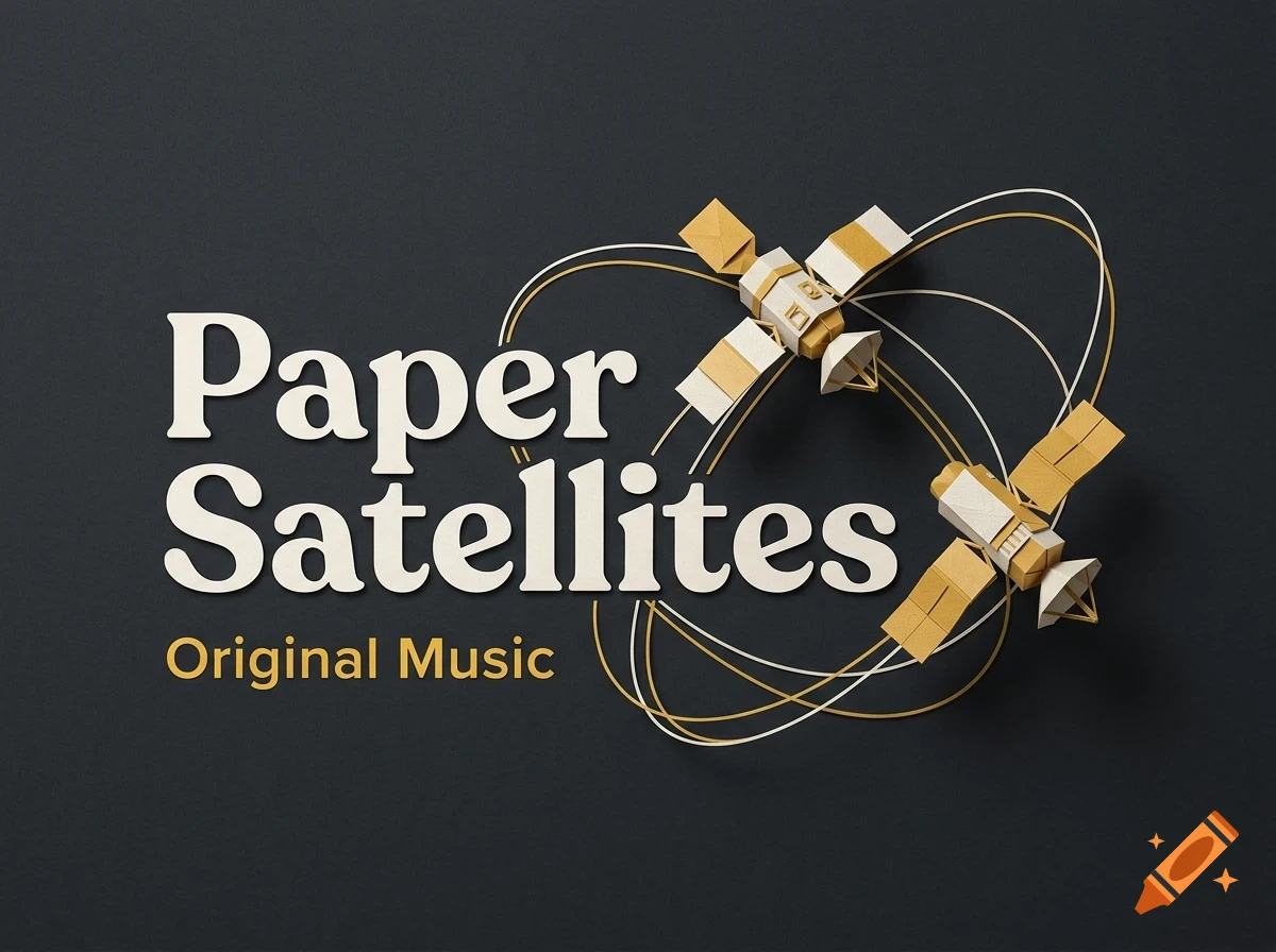 An illustration of two paper satellites orbiting with the text Paper Satellites and Original Music on a dark background.