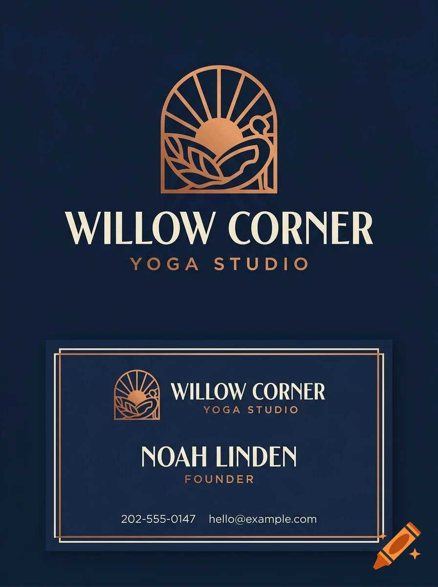 A dark blue business card design with rose gold metallic accents featuring a logo of a person practicing yoga inside an arched window with a rising sun and leaves, alongside the text 'WILLOW CORNER YOGA STUDIO', 'NOAH LINDEN', 'FOUNDER', phone number, and email.