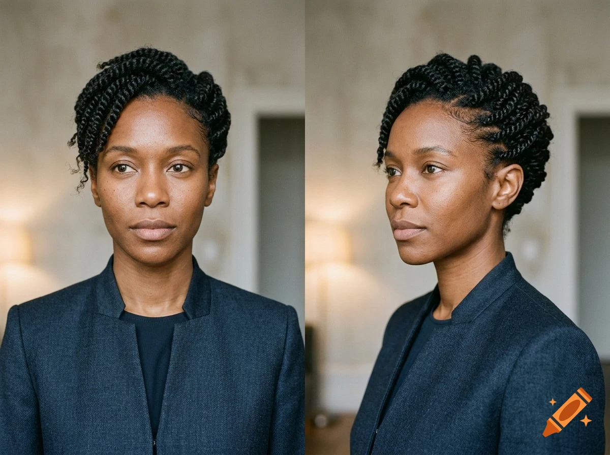 A split image showing a woman with short braided hair and a dark jacket from front and side views.