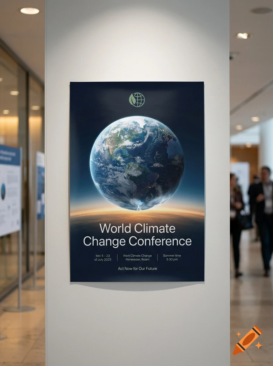 A photorealistic poster for the world climate change conference displayed on a pillar in an indoor hallway.