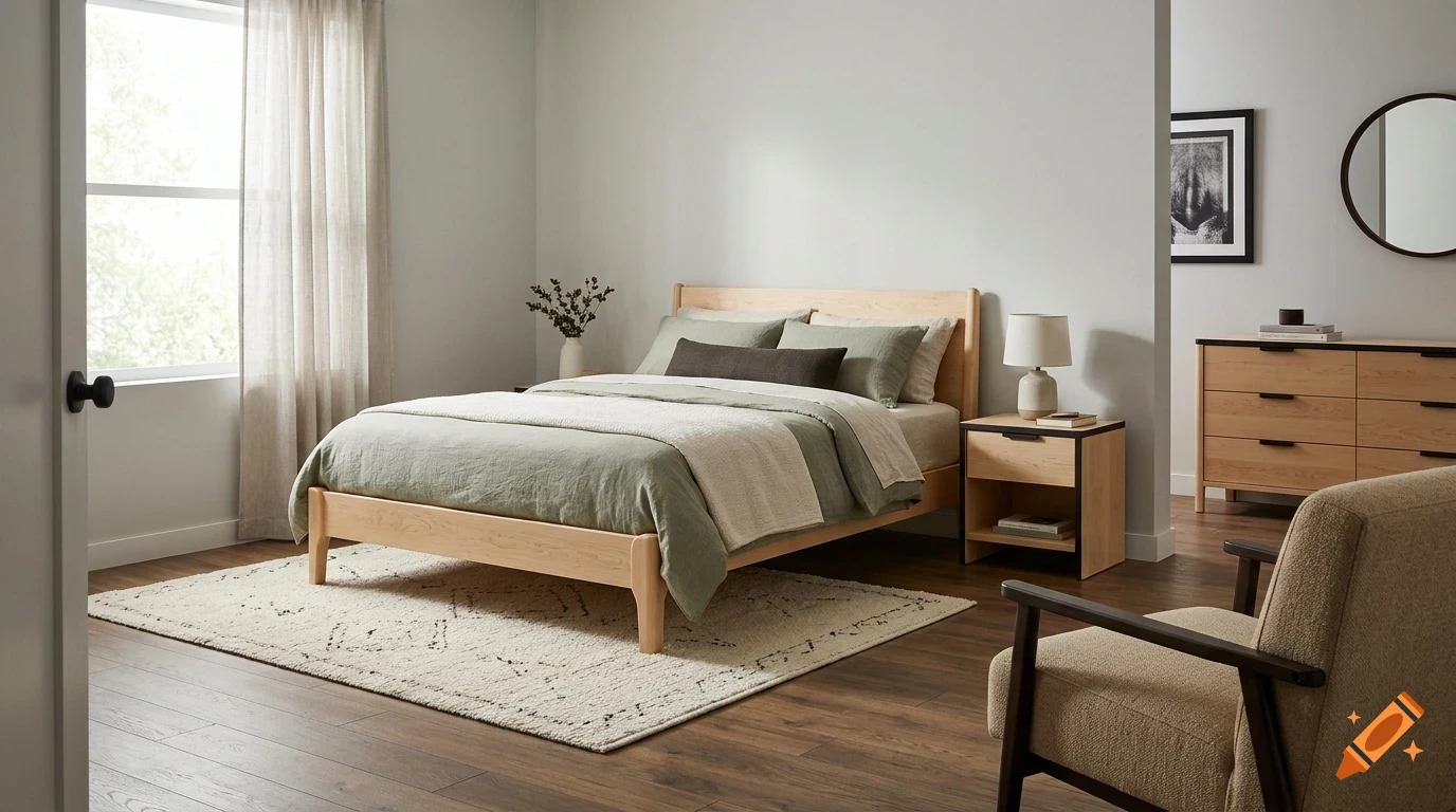 A modern bedroom with a light wood bed, green bedding, a nightstand, and an armchair.