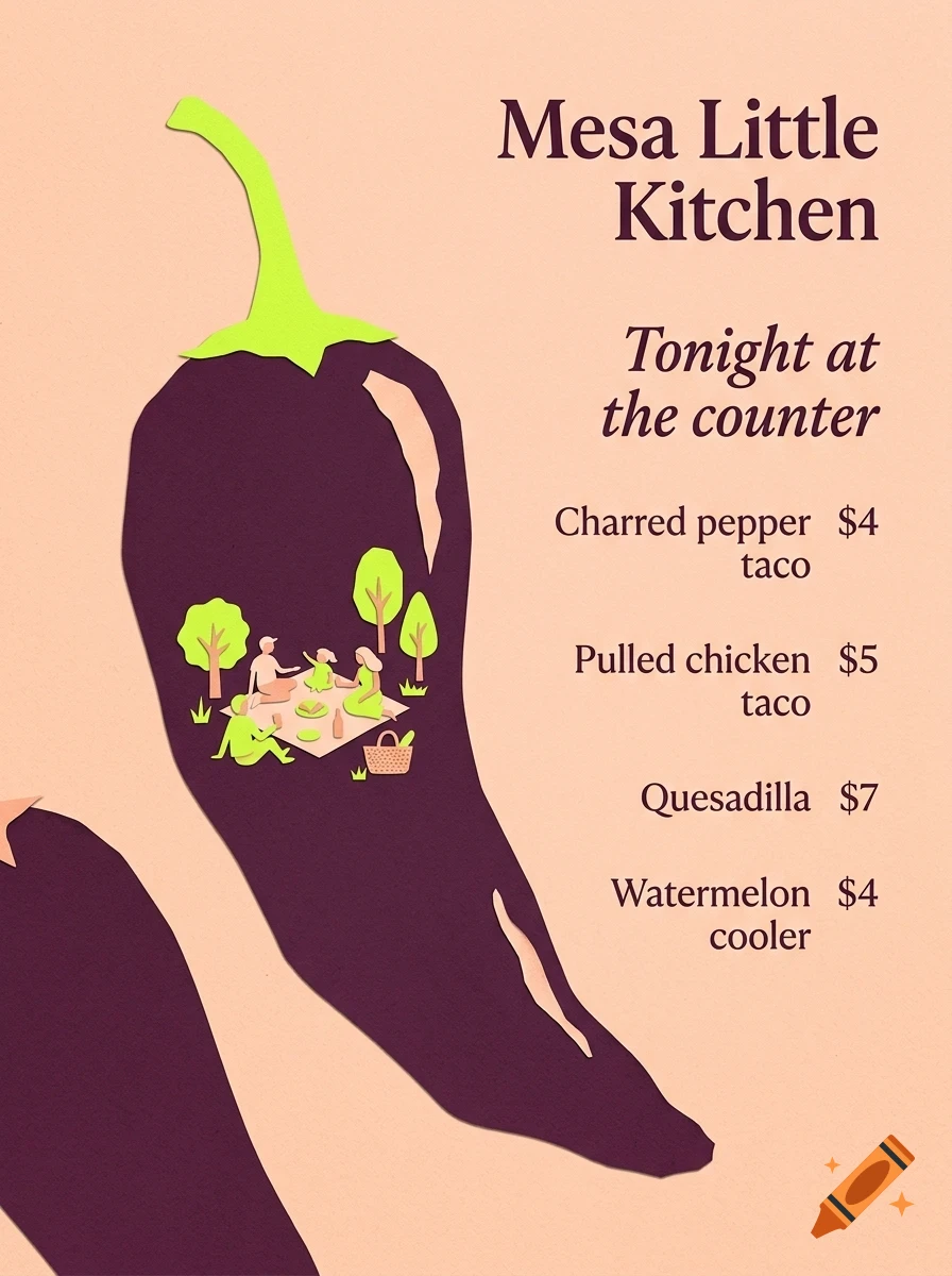 A poster for Mesa Little Kitchen displaying a menu with a graphic of a pepper containing a picnic scene.