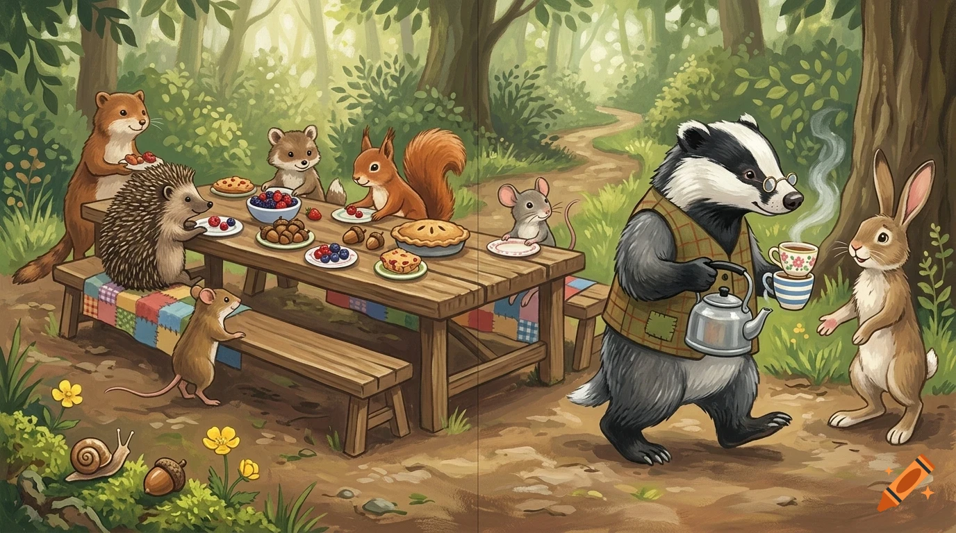 An illustrated scene in a sunlit forest where woodland animals, including a badger, a hedgehog, a squirrel, mice, and a rabbit, gather around a wooden picnic table laden with pies and berries.