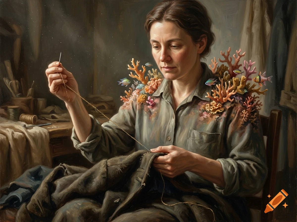 An oil painting of a woman sitting and sewing fabric, with colorful coral reefs and small fish growing from her shoulders.