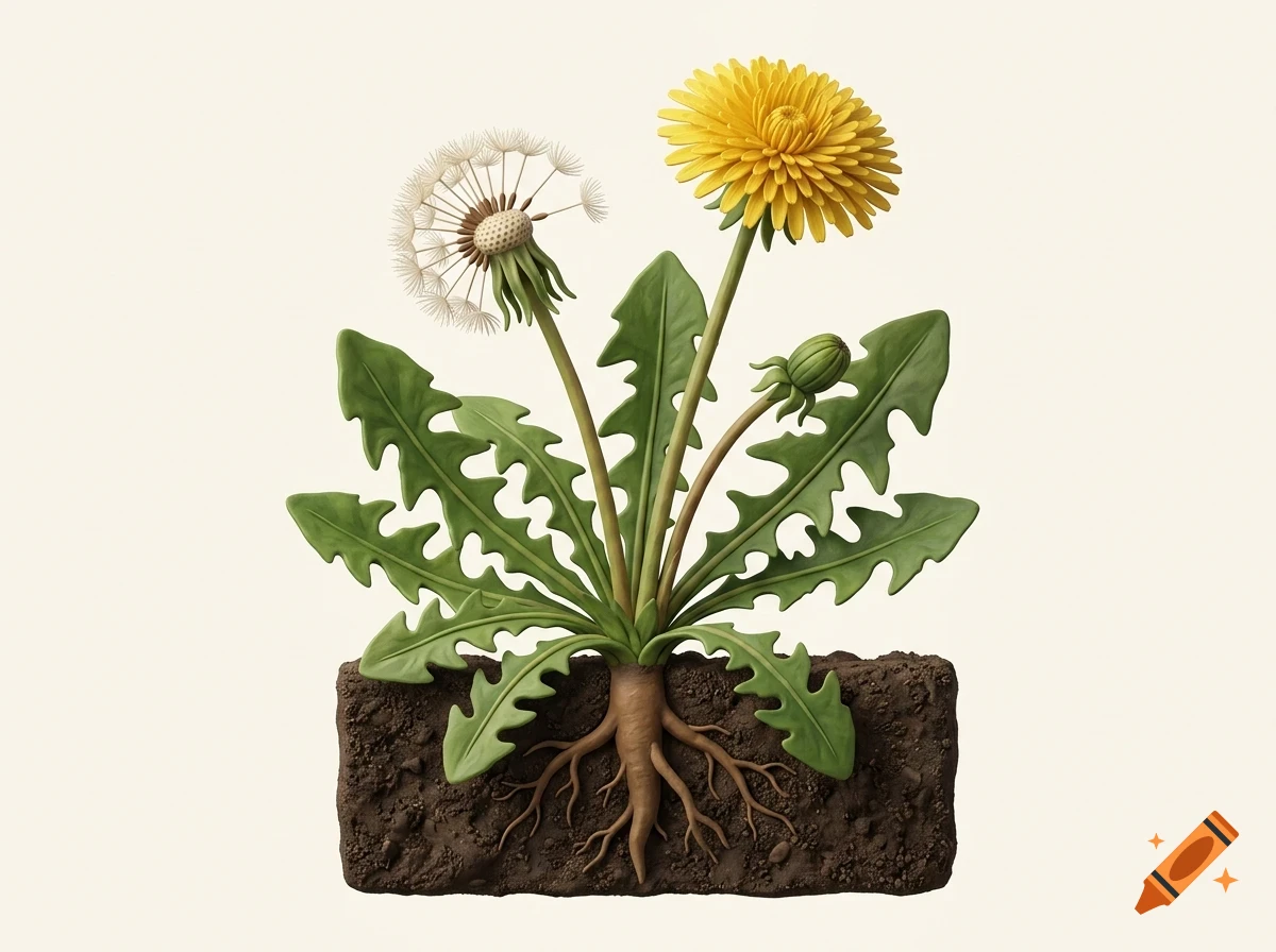 A detailed 3D model of a dandelion plant showing green leaves, a yellow flower, a seed head, and roots embedded in a cross-section of soil.
