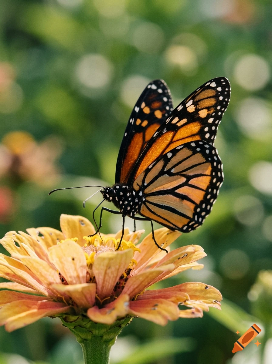 Close-up photorealistic image of a monarch butterfly resting and feeding on a yellow flower with a blurred green background.