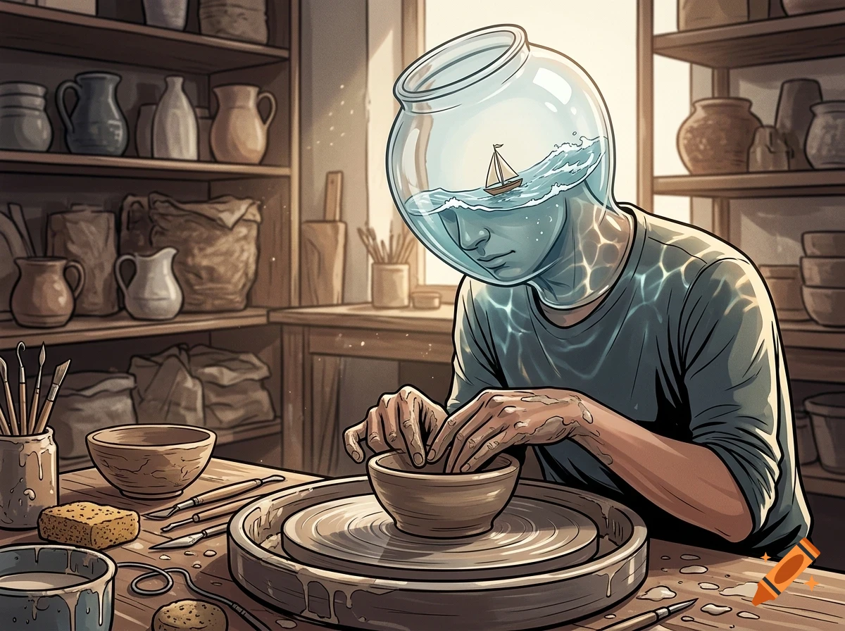 A surreal illustration of a person with a goldfish bowl for a head, containing water and a small sailboat, working at a pottery wheel in a studio filled with shelves of clay pots.