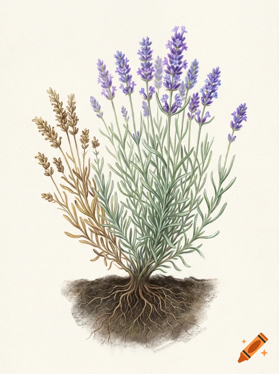 An illustrated botanical drawing of a lavender plant with purple flowers, green stems, and visible roots, alongside withered brown stalks.