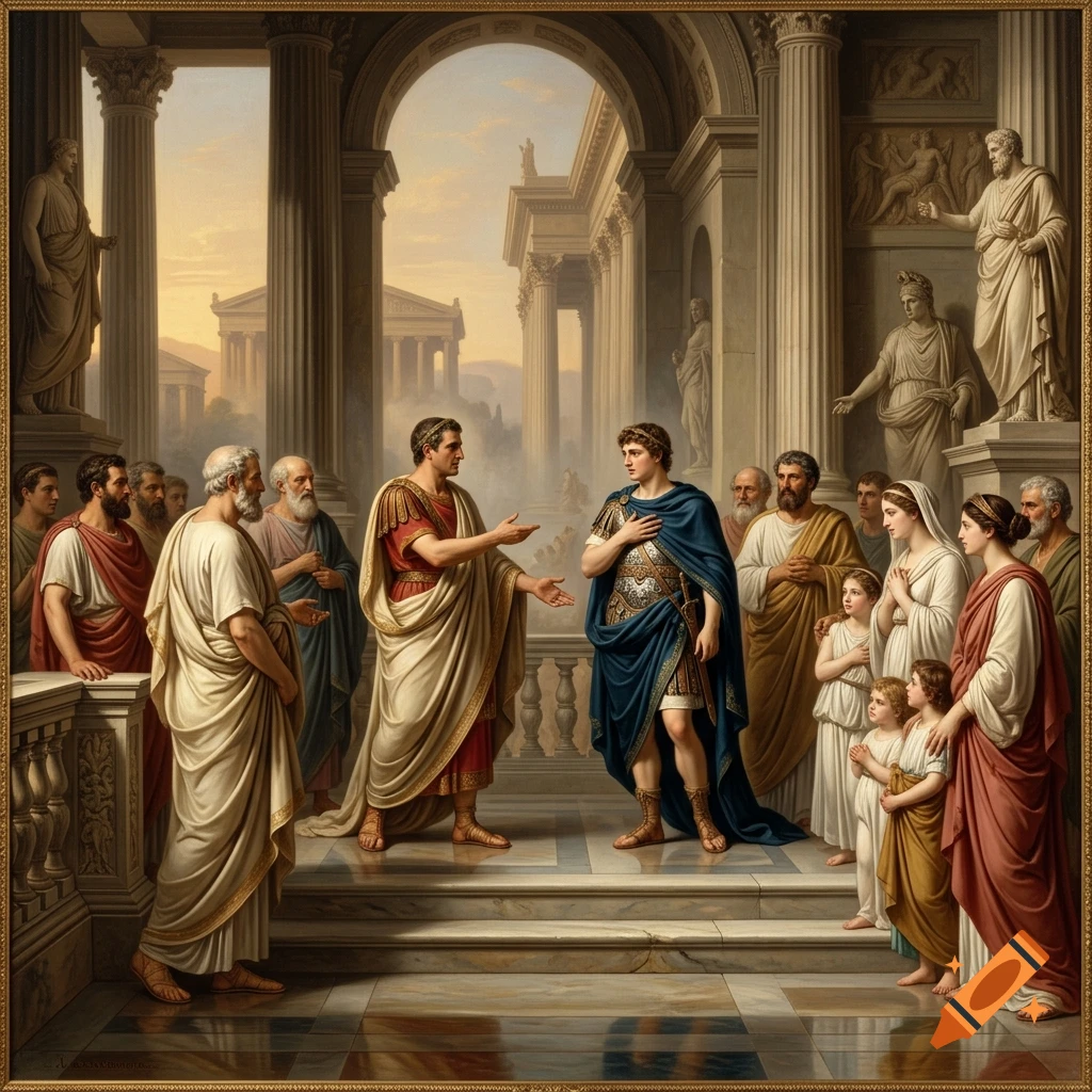 Neoclassical painting of a political discussion in an ancient Roman hall with toga-clad figures.