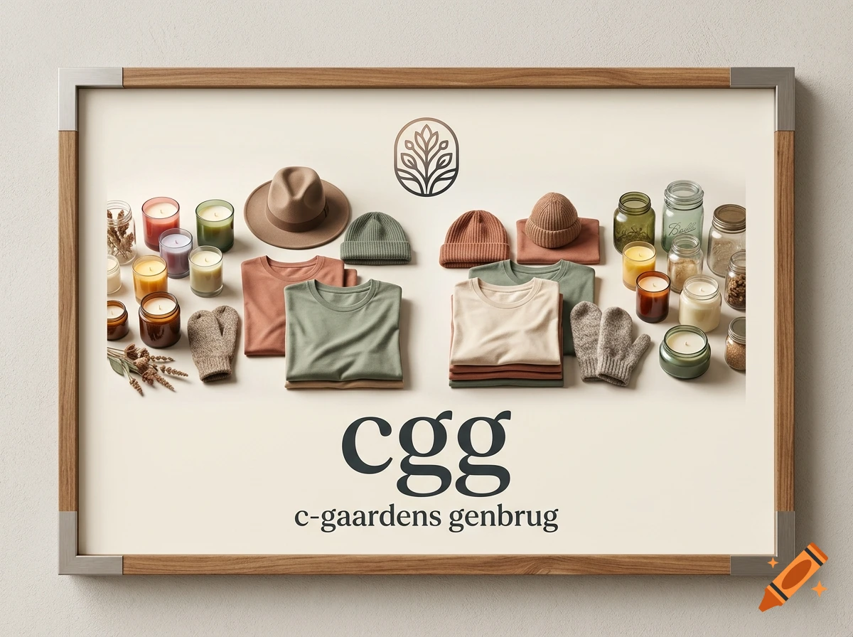 A framed sign displaying folded clothing, hats, mittens, jars, and candles arranged neatly, with the text 'cgg' and 'c-gaardens genbrug'.