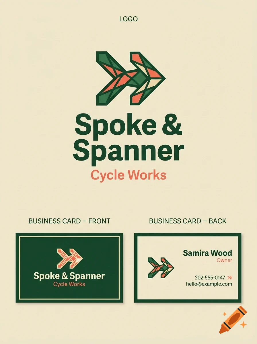 A branding design presentation for Spoke & Spanner Cycle Works featuring a geometric arrow logo and two business card layouts.