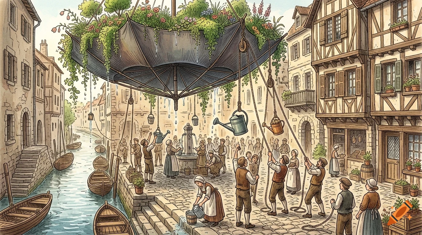 An illustrated street scene along a canal where townsfolk use ropes and pulleys to manage a giant floating umbrella filled with plants.