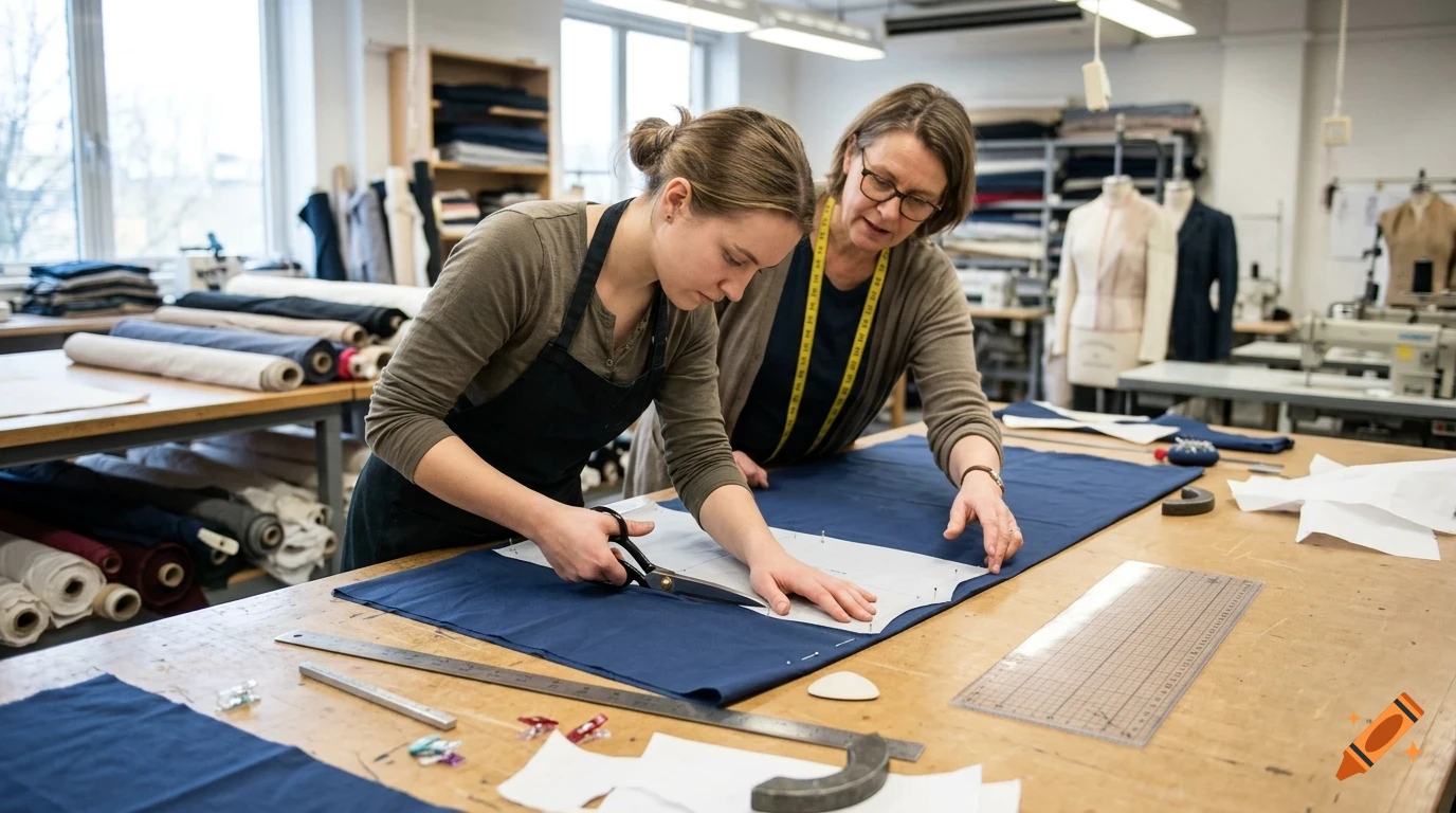 Two women working in a tailoring workshop, cutting blue fabric with scissors and sewing patterns.