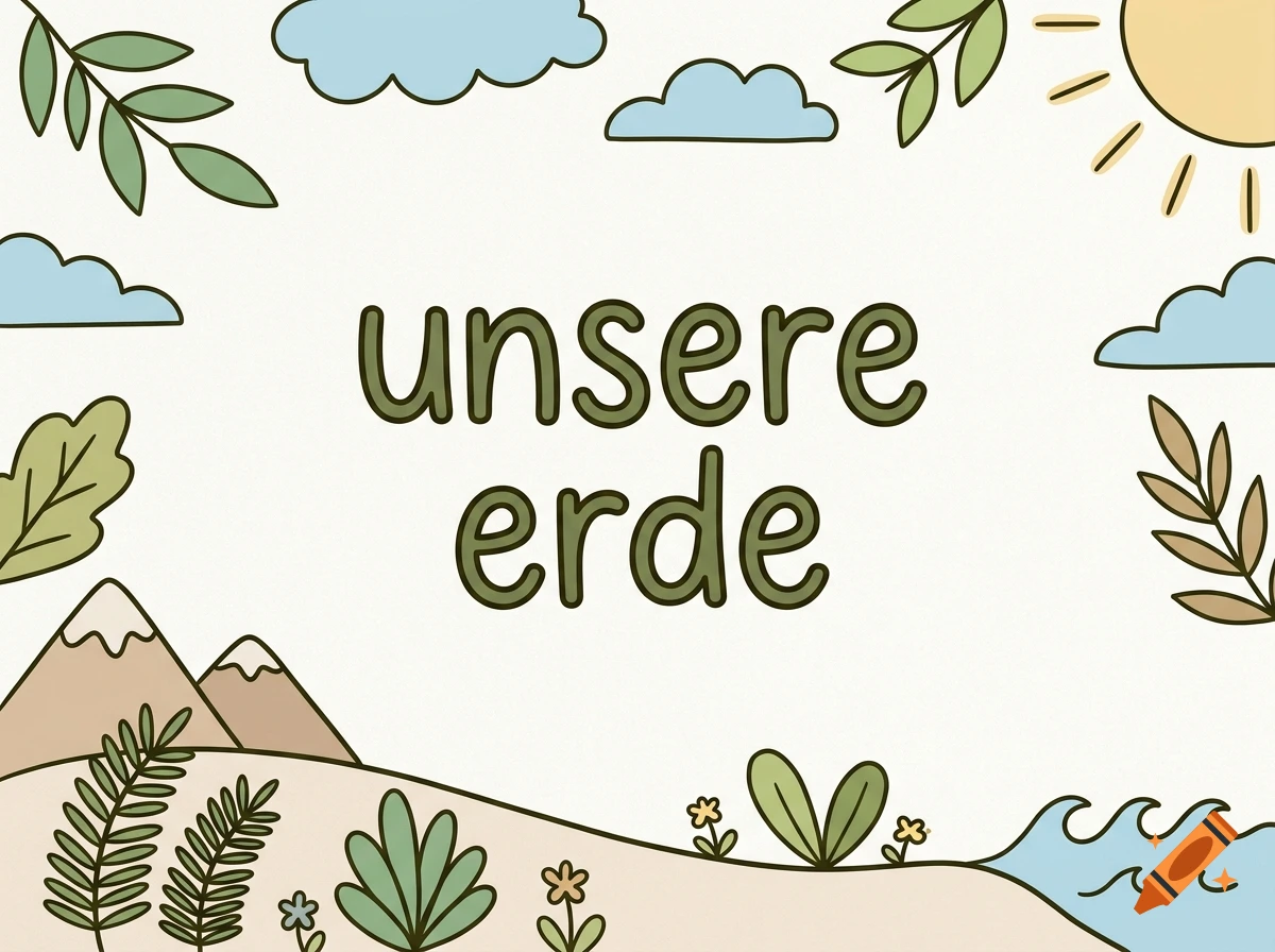 Simple doodle illustration with mountains, ocean, sun, and plants with the text 'unsere erde' in the center.