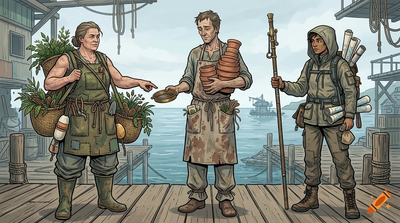 Three people in work clothes stand on a wooden dock by the water, holding gardening and traveling gear.