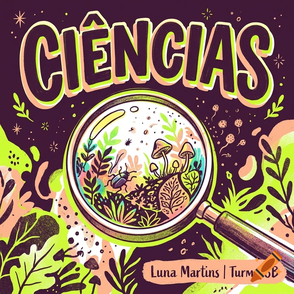 An illustration with the Portuguese word CIÊNCIAS above a magnifying glass showing insects, mushrooms, and plants.