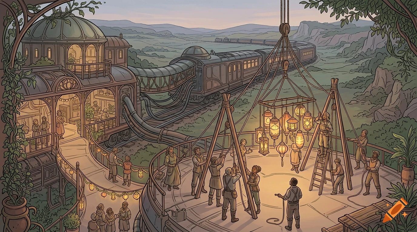 An illustrated scene of people setting up glowing lanterns on a balcony with a futuristic train and station in a landscape.