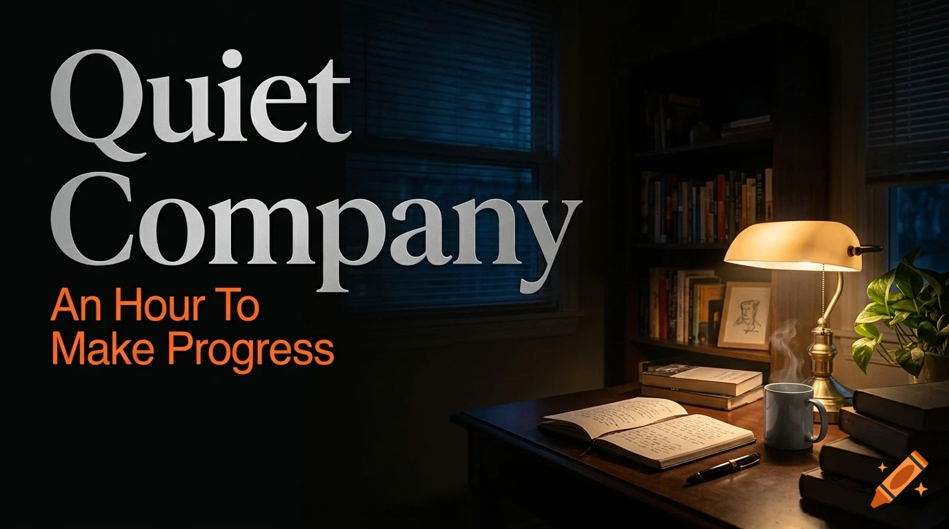 A dimly lit room with a desk, books, a lamp, and a mug, alongside text that reads Quiet Company.