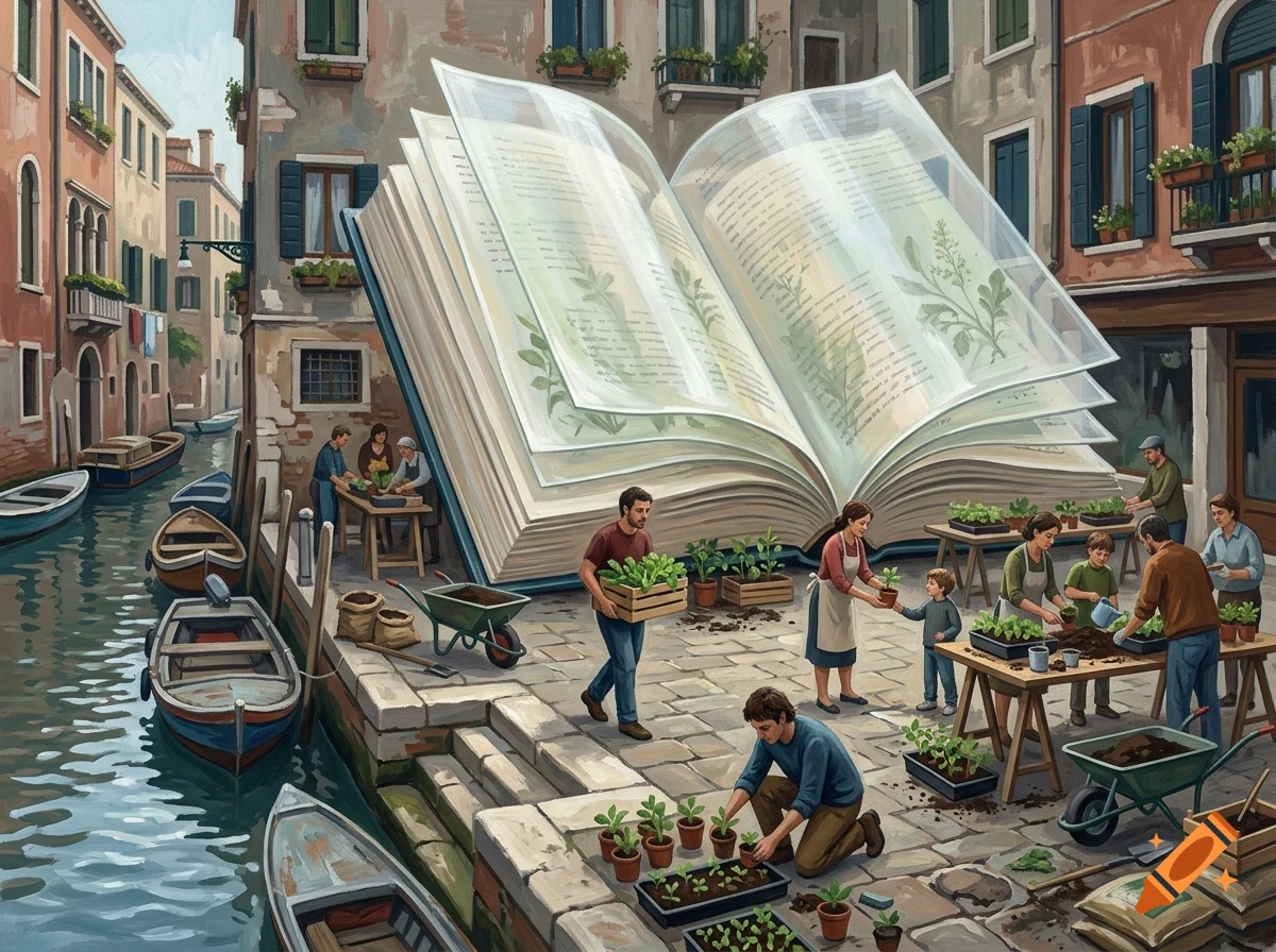 An illustration of people planting seedlings on a canal dock in a European city, with a giant open book looming in the background.