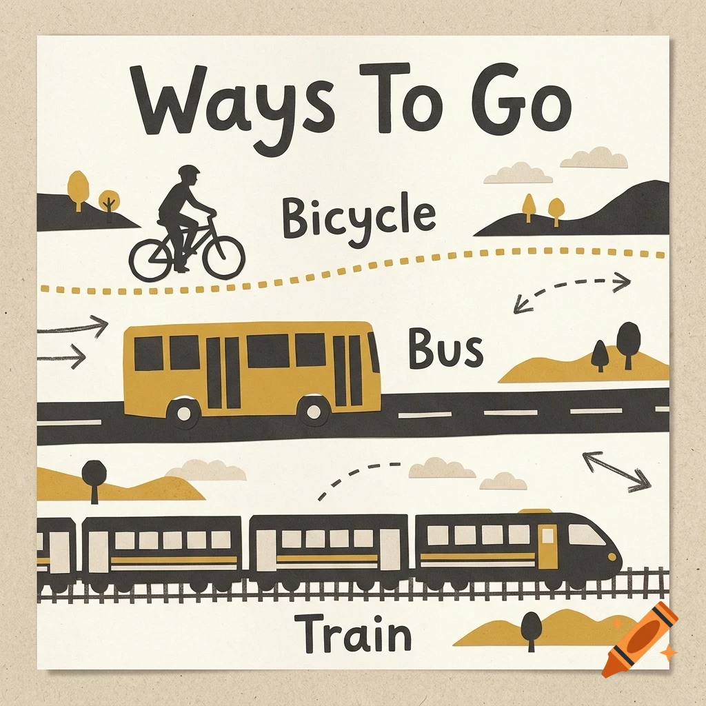 An illustration showing ways to go with a bicycle, bus, and train, featuring text labels and icons.