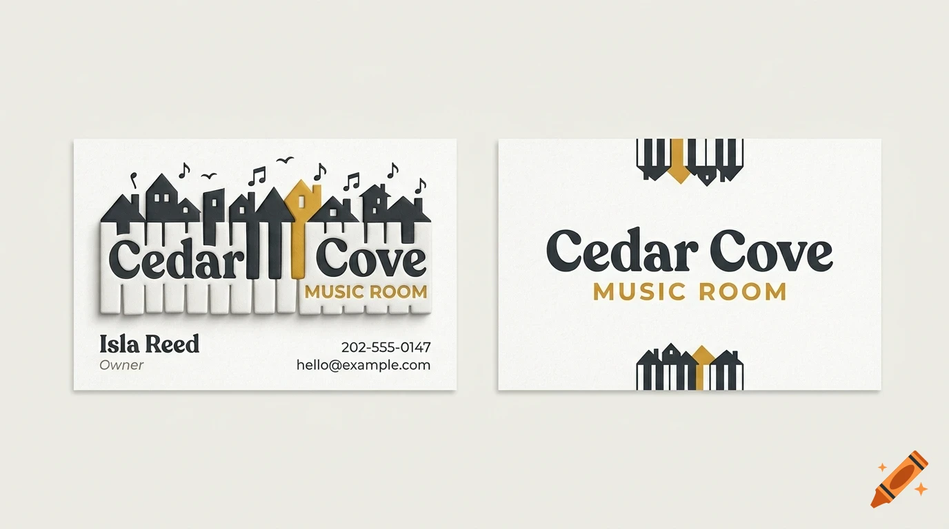 Two business cards for Cedar Cove Music Room featuring a piano and house graphic design.