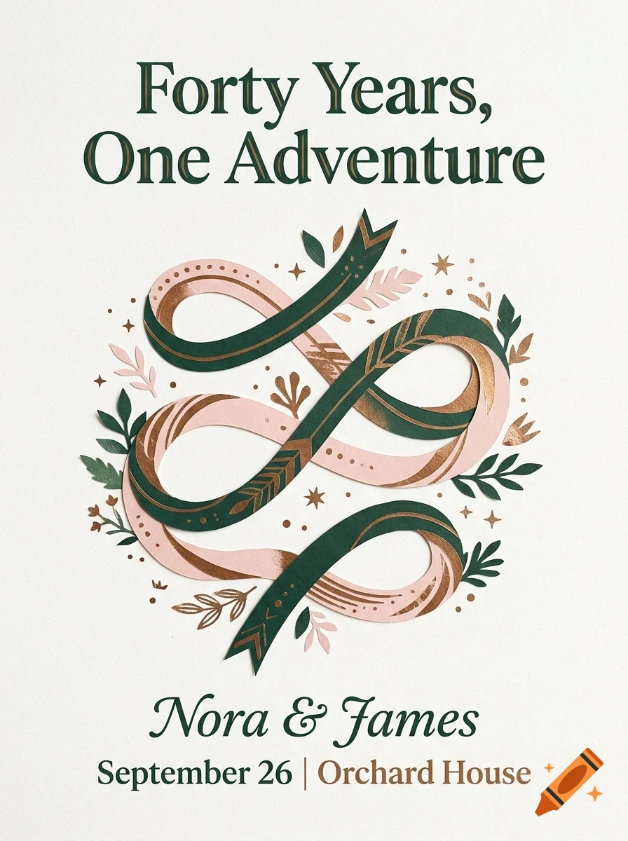 An anniversary or wedding invitation design with green and pink intertwined papercut ribbons, floral elements, and text reading Forty Years, One Adventure.