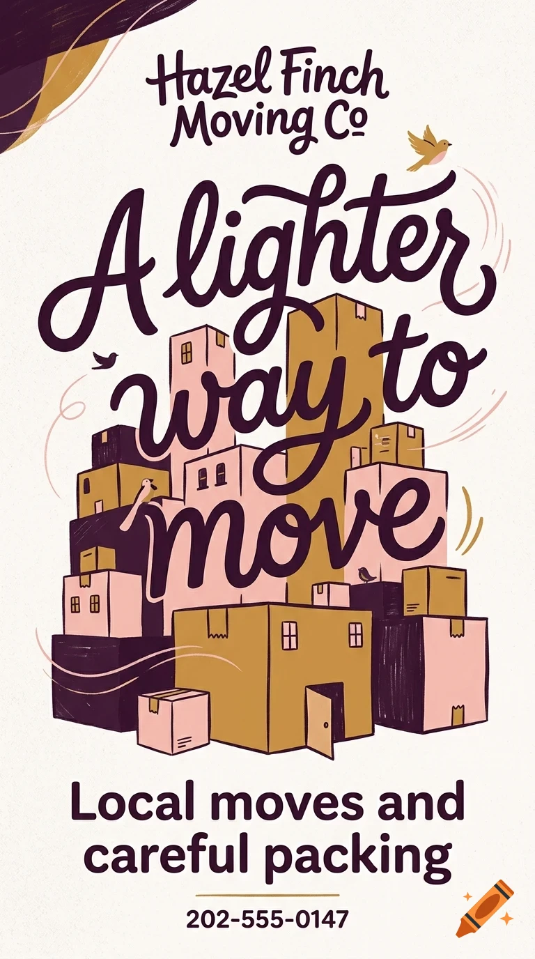 An illustrated poster for Hazel Finch Moving Co featuring a stack of cardboard boxes shaped like a city with lettering that reads A lighter way to move.