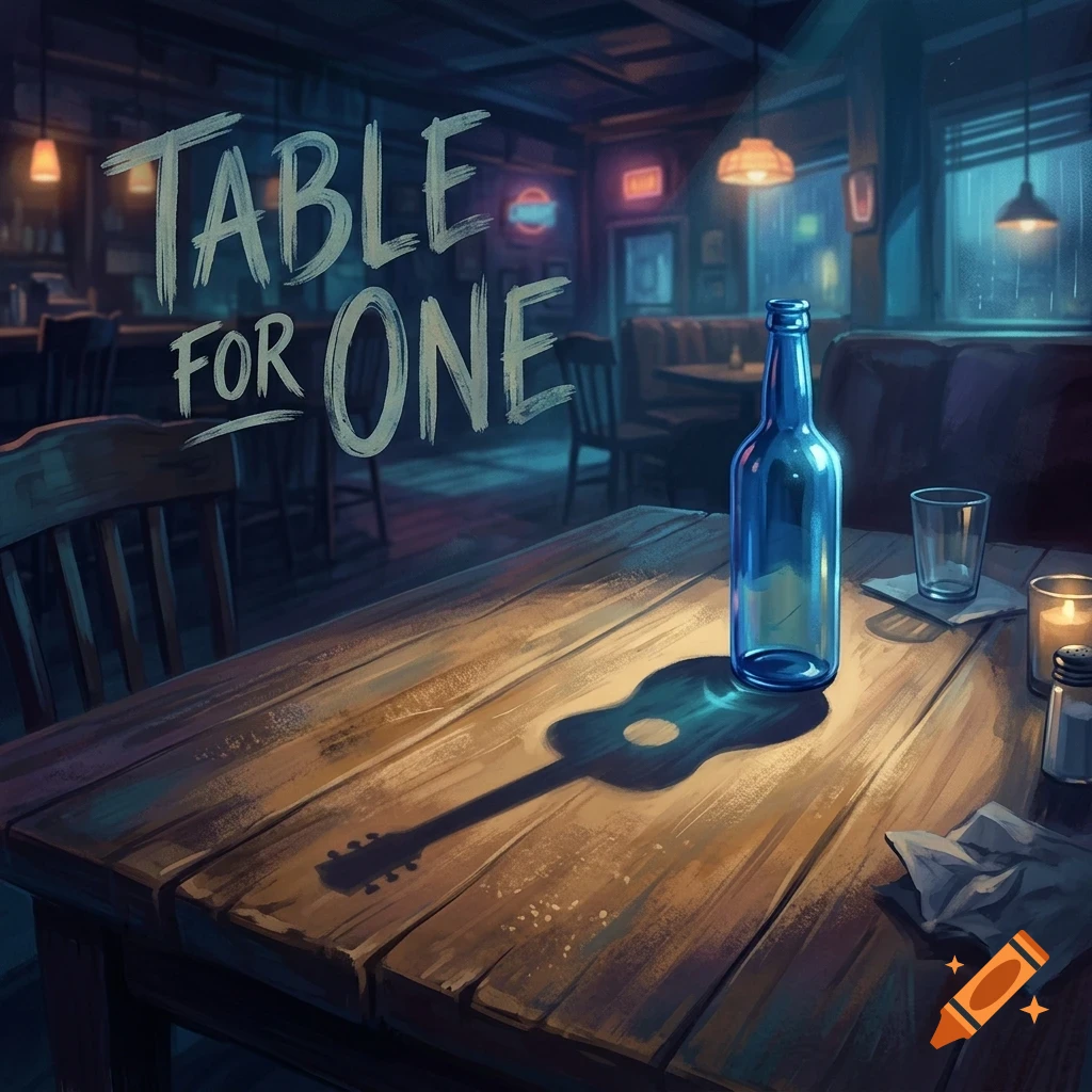 An illustrated view inside a moody bar or cafe, featuring a wooden table with a blue glass bottle casting a guitar-shaped shadow. Large stylized text reads Table For One.