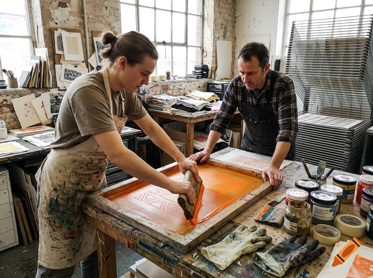 Two people working together in a printmaking studio, screen printing with orange ink on a wooden frame.