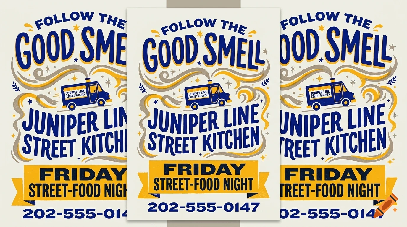 A poster design featuring blue and yellow lettering that reads FOLLOW THE GOOD SMELL and JUNIPER LINE STREET KITCHEN, with an illustration of a food truck and smoke swirls.