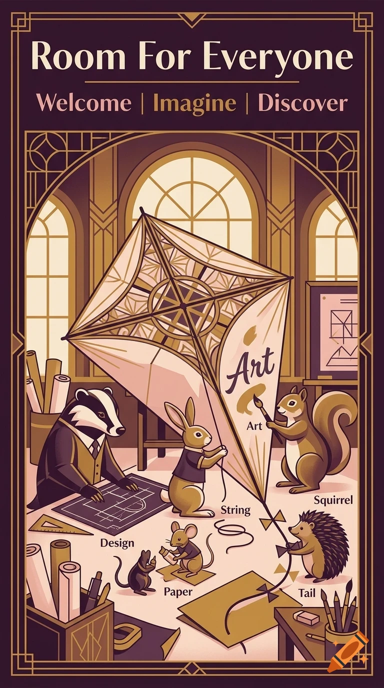 An illustrated poster features anthropomorphic animals working together in an art studio, including a badger reviewing a blueprint, a rabbit holding string, a squirrel painting 'Art' on a large kite, and smaller mice and a hedgehog assisting.