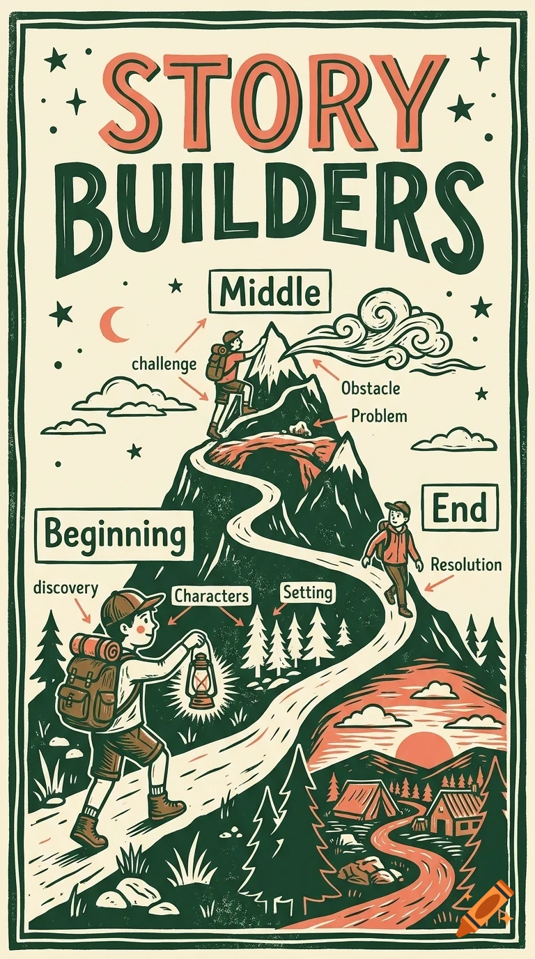 An educational poster titled Story Builders featuring a diagram of a path up a mountain with labels for Beginning, Middle, and End.