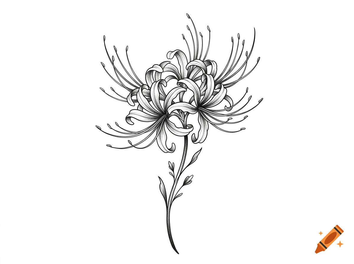 Black and white botanical illustration of a spider lily flower with detailed stippling and shading.