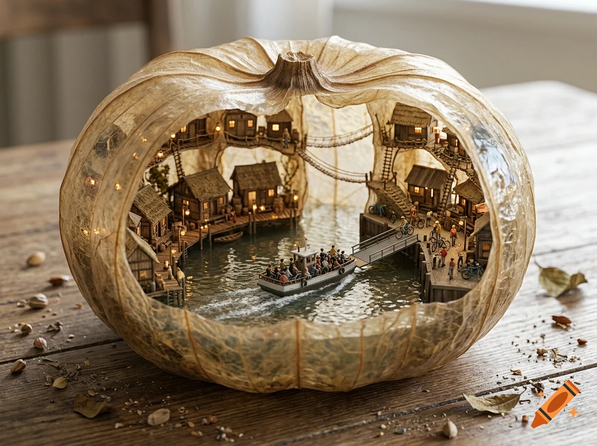 A hollowed-out dried pumpkin shell containing a miniature village with water, boats, tiny houses, and bridges.