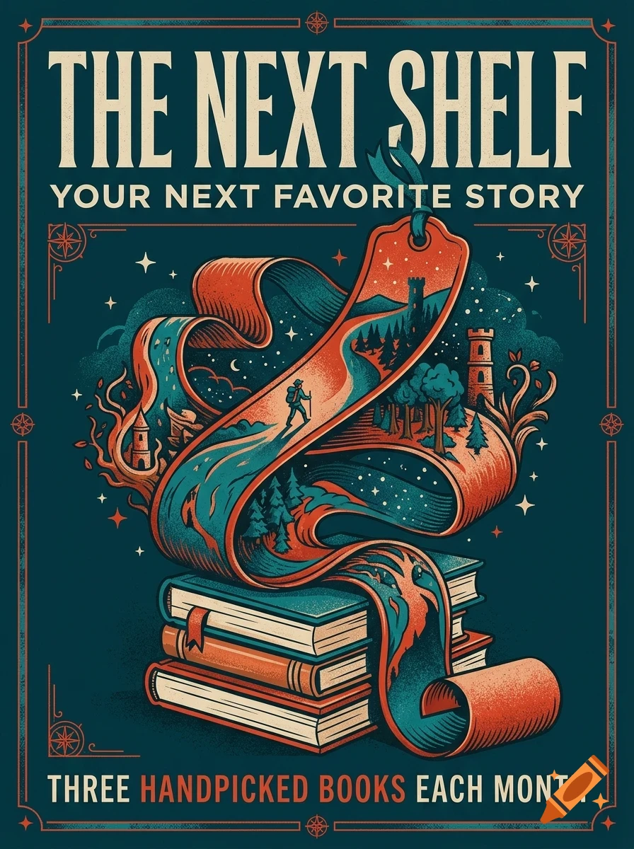 An illustrated poster featuring a stack of books with a flowing bookmark that unfurls into a landscape with a hiker, trees, and towers under a starry sky.