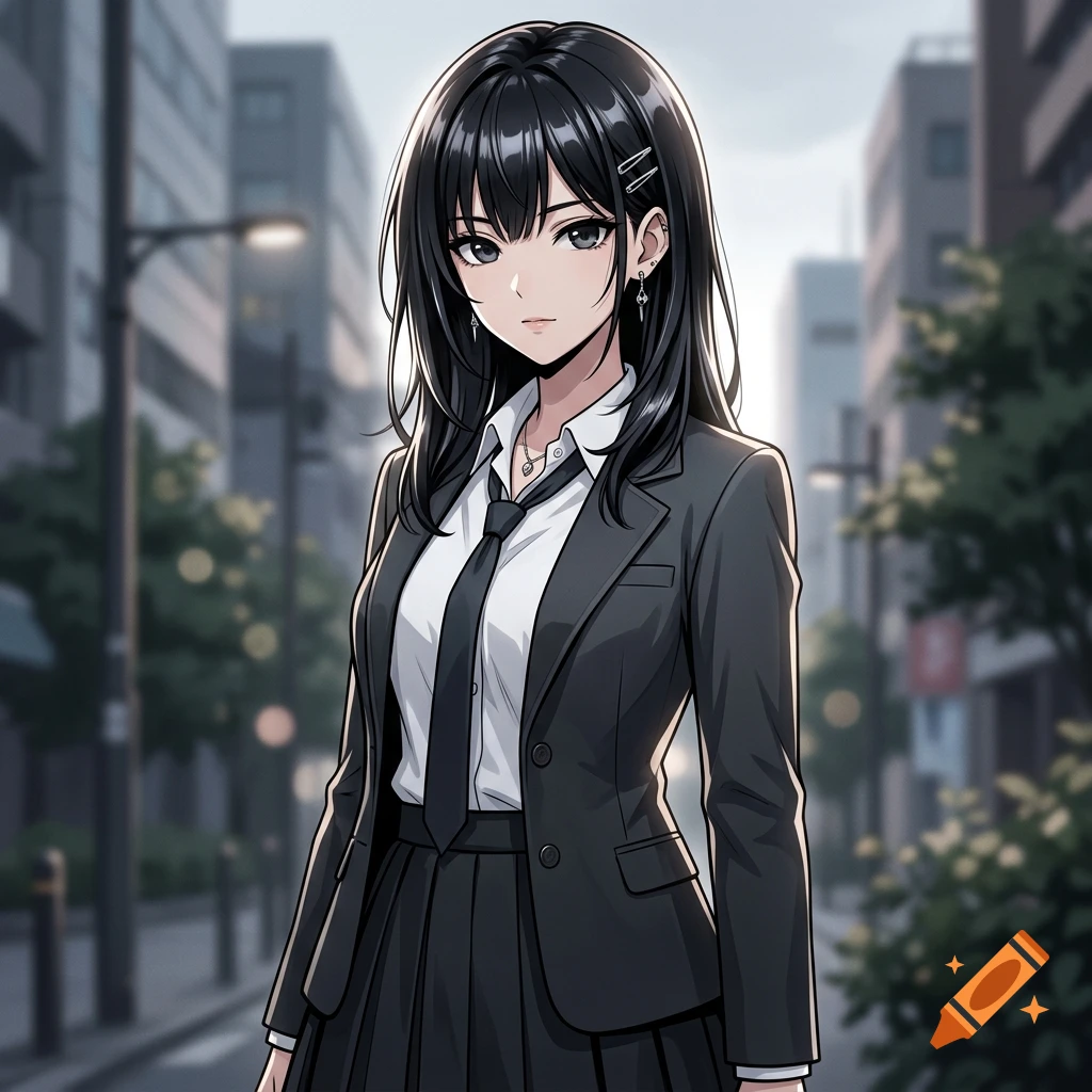 Anime style illustration of a young woman with black hair in a school uniform standing on a city street.