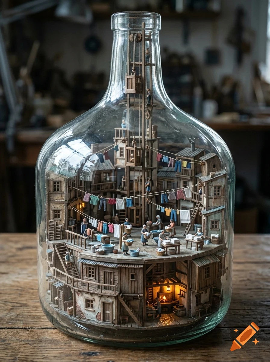 An intricate miniature wooden village built inside a large glass bottle, featuring tiny buildings, figures doing laundry, and a lift structure.