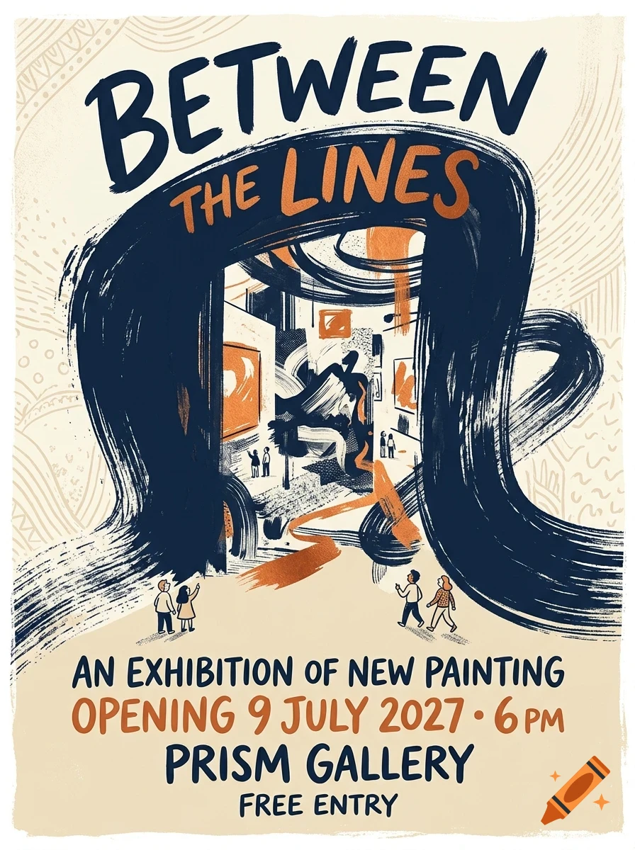 An illustrated art exhibition poster titled Between the Lines for Prism Gallery, featuring brushstroke text, people viewing artwork, and abstract forms.
