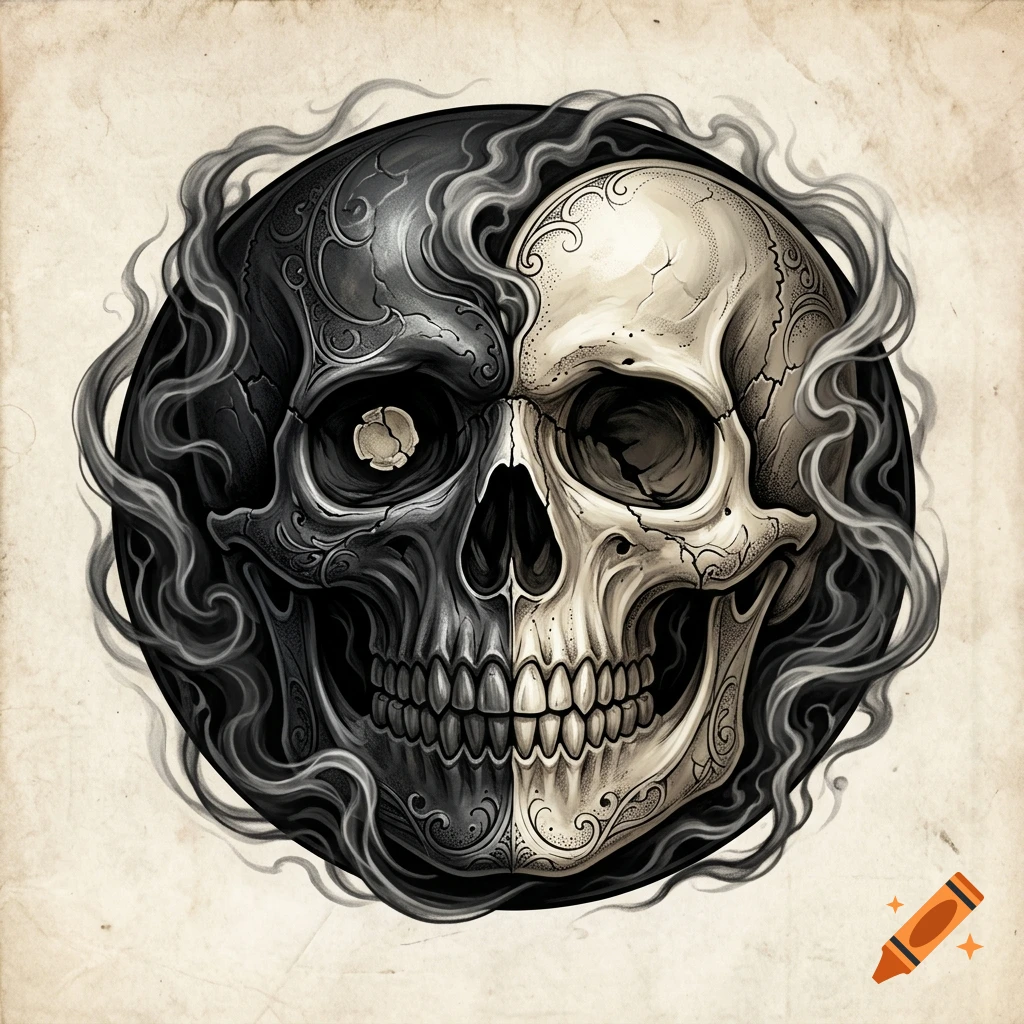 A stylized yin yang symbol composed of two contrasting skulls surrounded by swirling smoke on an aged paper background.