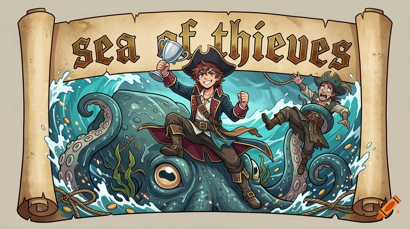 Anime style illustration of a pirate riding a kraken on a scroll banner with the text sea of thieves.