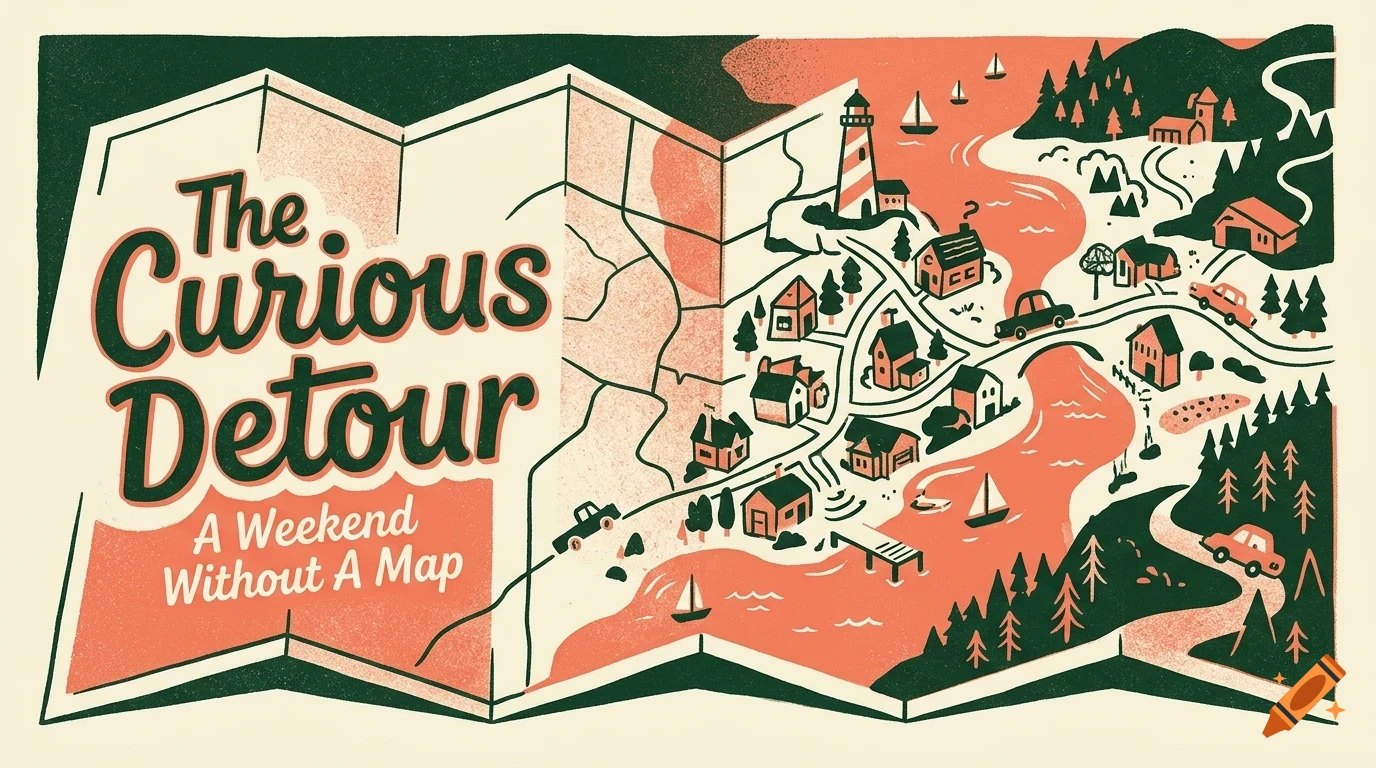 An illustrated map featuring coastal towns, roads, cars, sailboats, a lighthouse, and the text The Curious Detour A Weekend Without A Map.