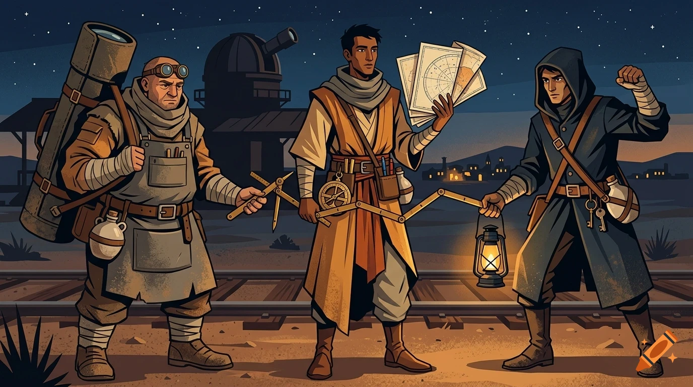 An illustration of three adventurers holding tools and maps outside an observatory under a night sky.