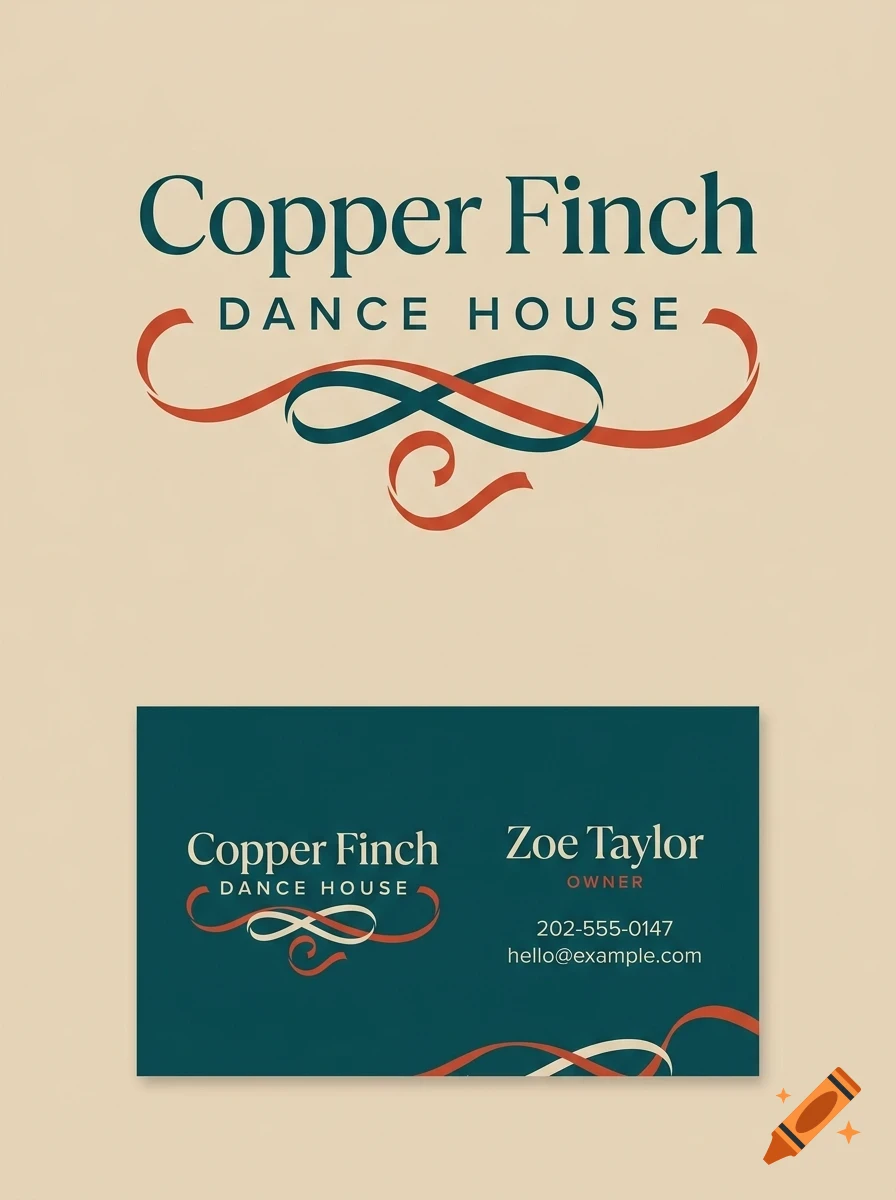 A branding design showing Copper Finch Dance House with a business card layout displaying contact details.